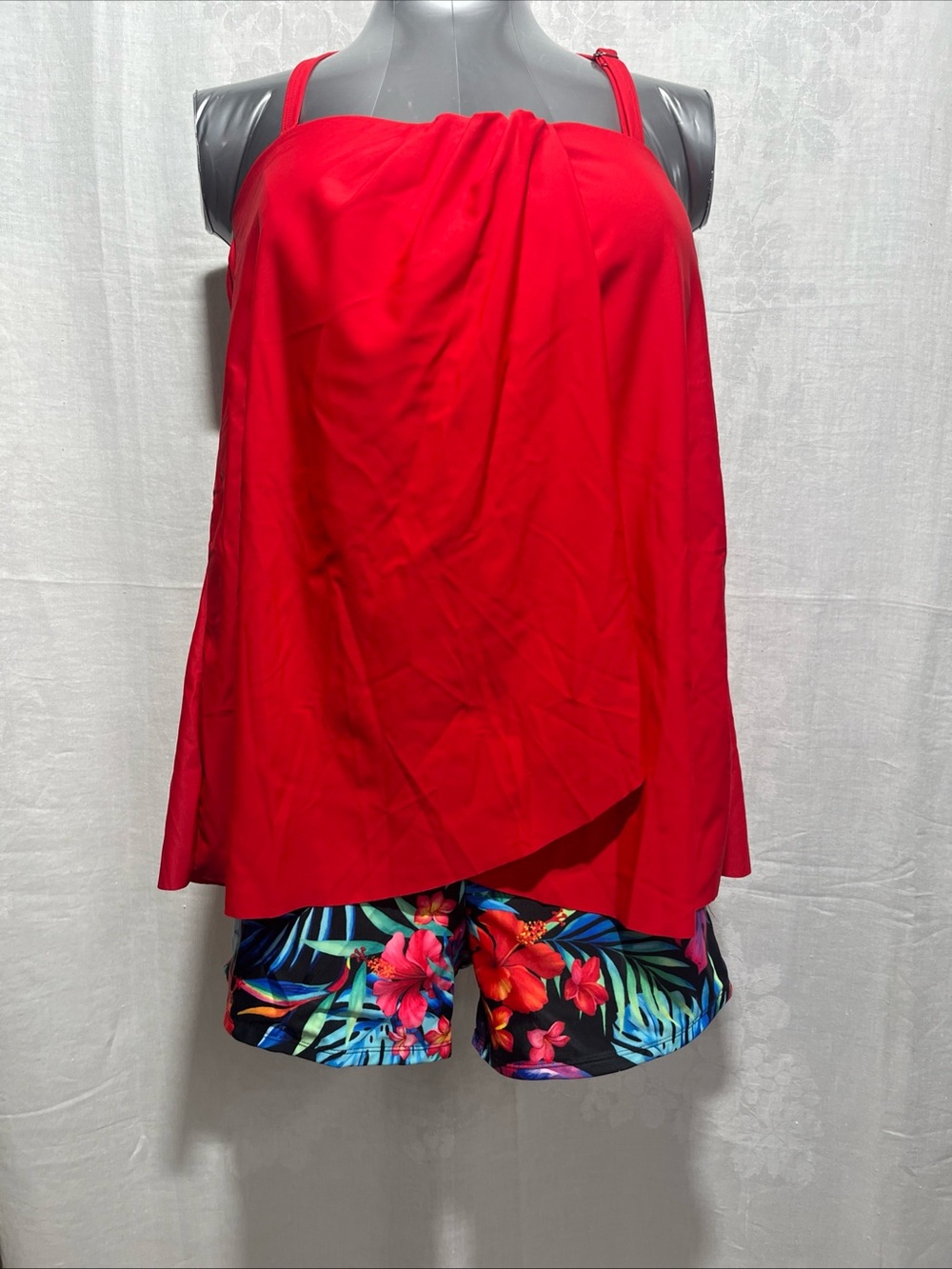 Classic Red Tankini Top with Tropical Floral Swim Shorts.   1004